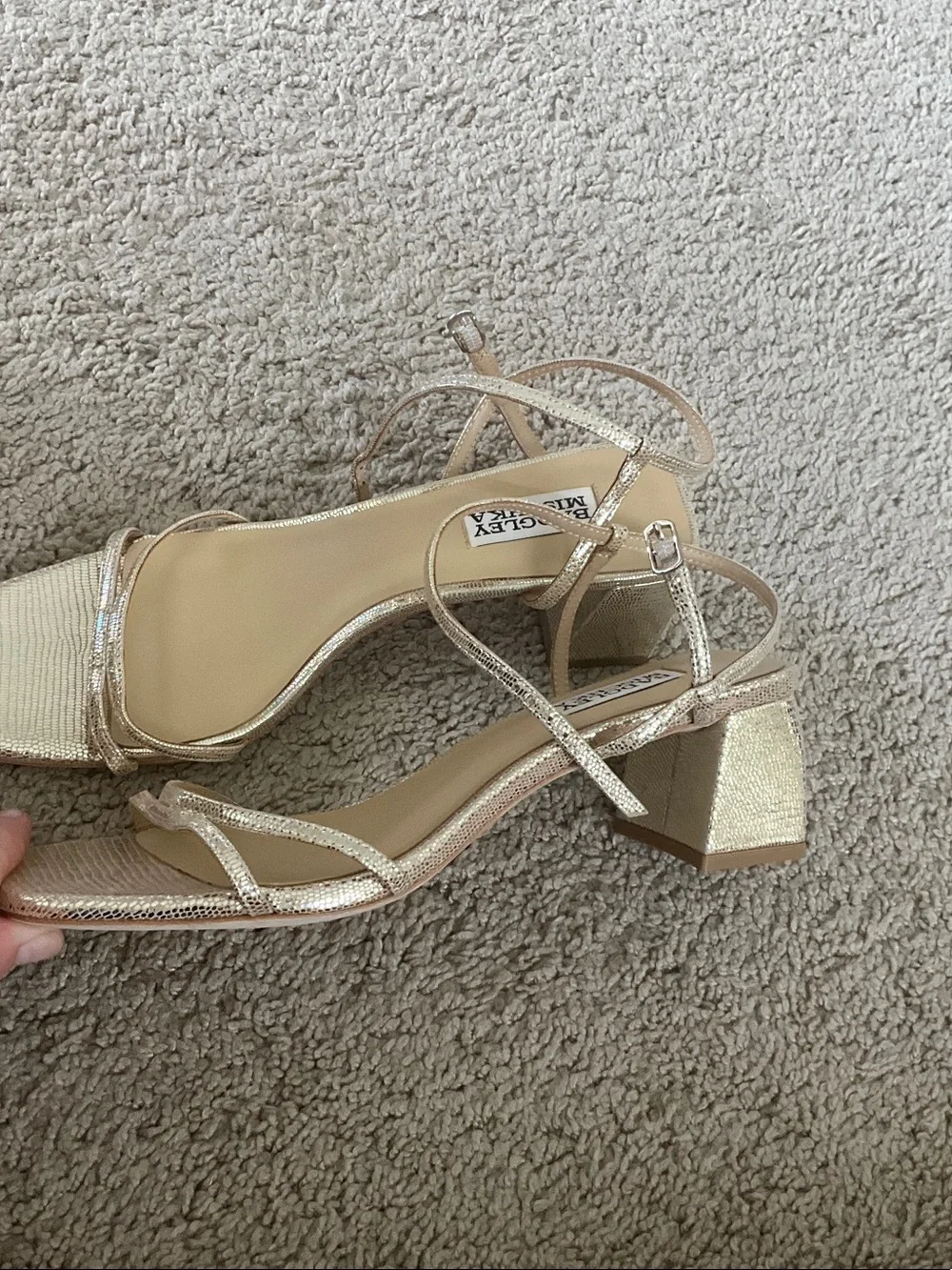 Badgley Mischka Metallic Gold Strappy Square-Toe Block Heel Sandal
